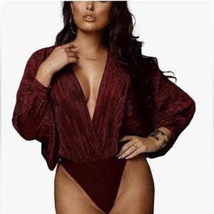 Deep V-Neck Long Sleeve Bodysuit Loose Pleated Leotard Jumpsuit Bodysuit Tops